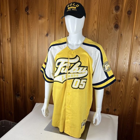 90s FUBU Jersey Baseball Button Up Mens 2XL FUBU 05 Yellow Blue Vintage Logo - Picture 3 of 9